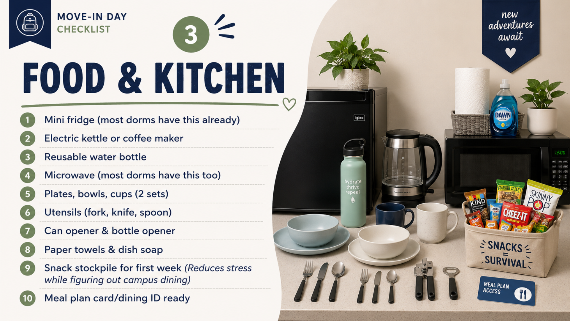 Moving-in day checklist for food and kitchen items with a table setup and text overlay.