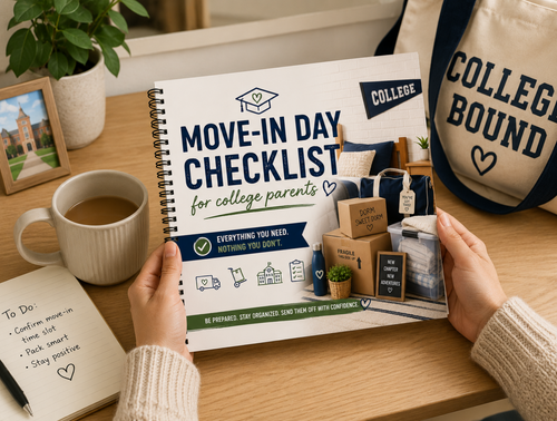 Person holding a 'Move-In Day Checklist for college parents' book on a desk with a coffee cup and 'College Bound' bag.