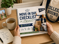 Person holding a 'Move-In Day Checklist for college parents' book on a desk with a coffee cup and 'College Bound' bag.