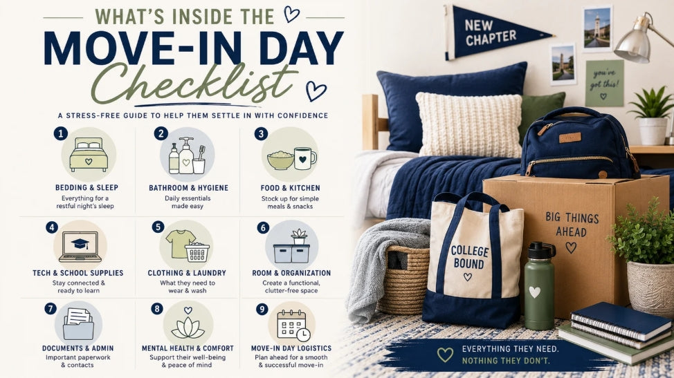 Move-in day checklist with bedroom setup and moving supplies.