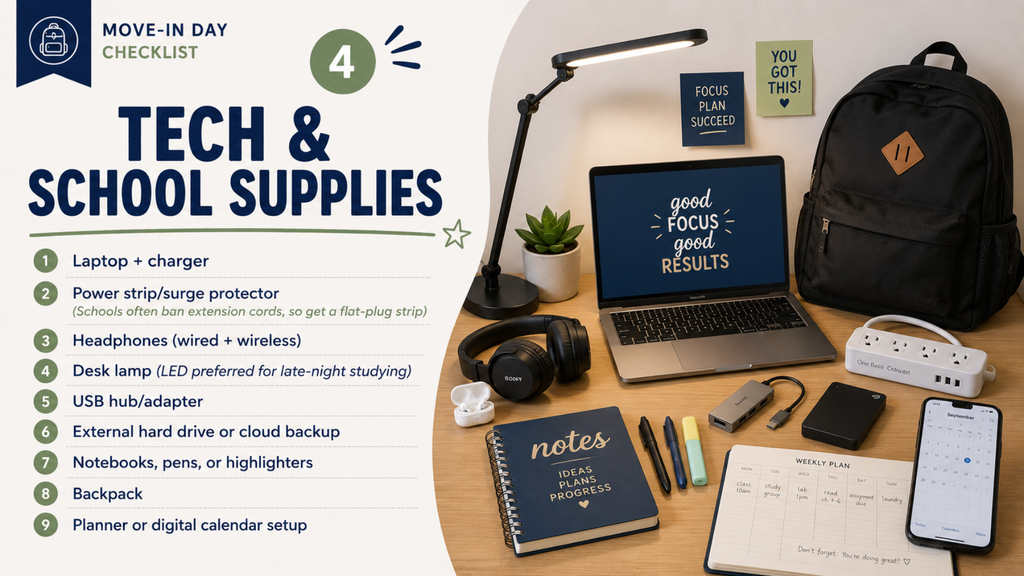 Table with laptop, backpack, and various school supplies with a checklist on tech and school supplies.
