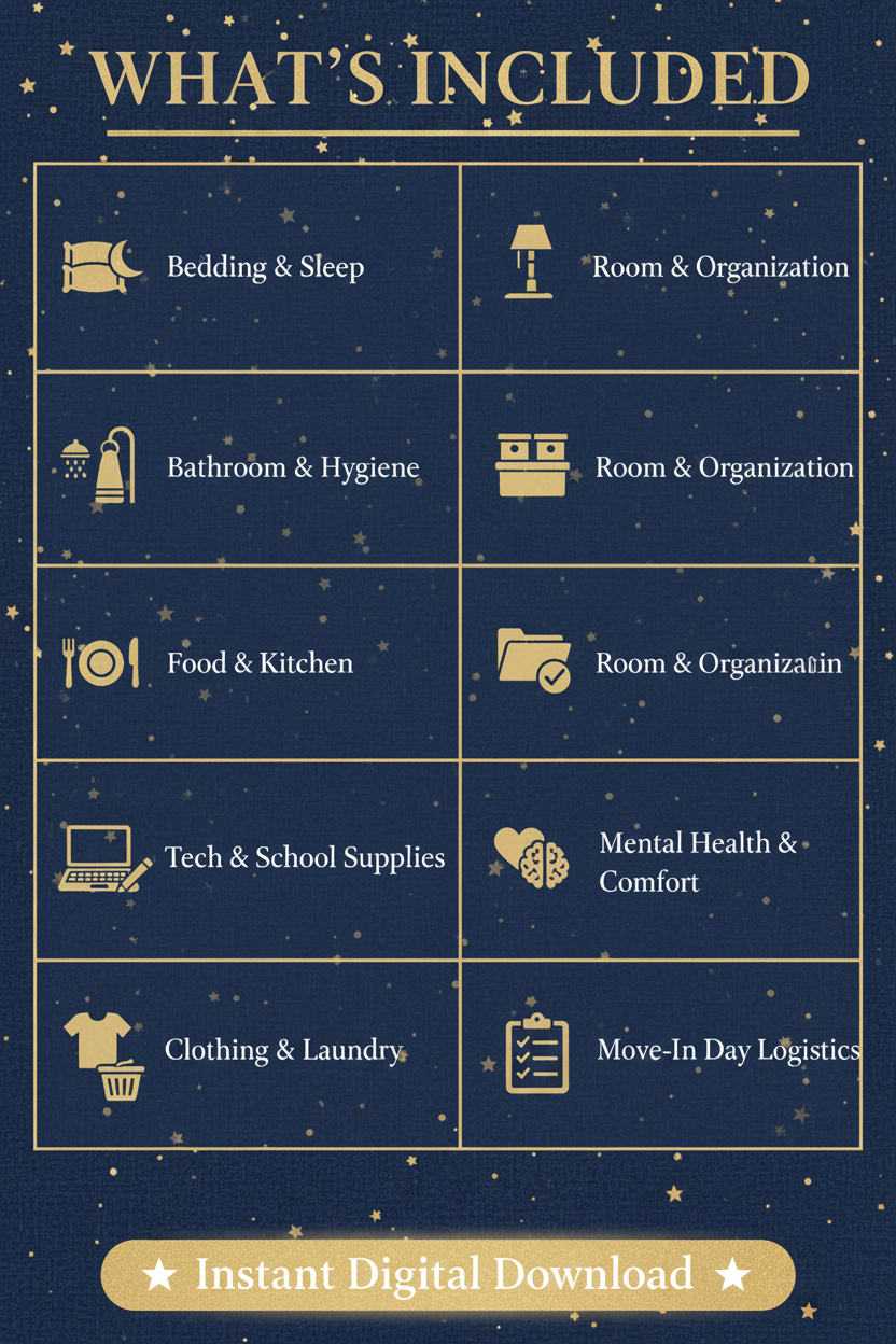 What's Included infographic showing all 9 sections of the College Move-In Day Checklist for Parents